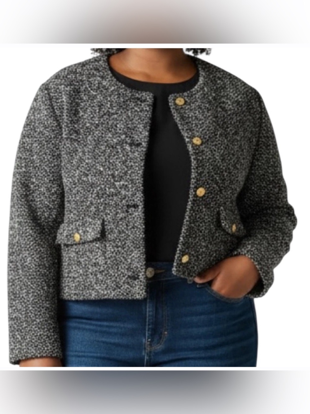 Abercrombie & Fitch Black & White Collarless Boucle‎ Tweed Jacket Women’s XL